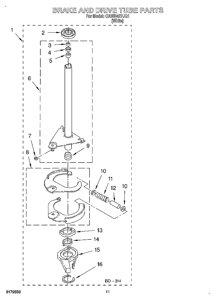 BRAKE AND DRIVE TUBE Diagram and Parts List for CAWB427JQ1  Crosley Washer