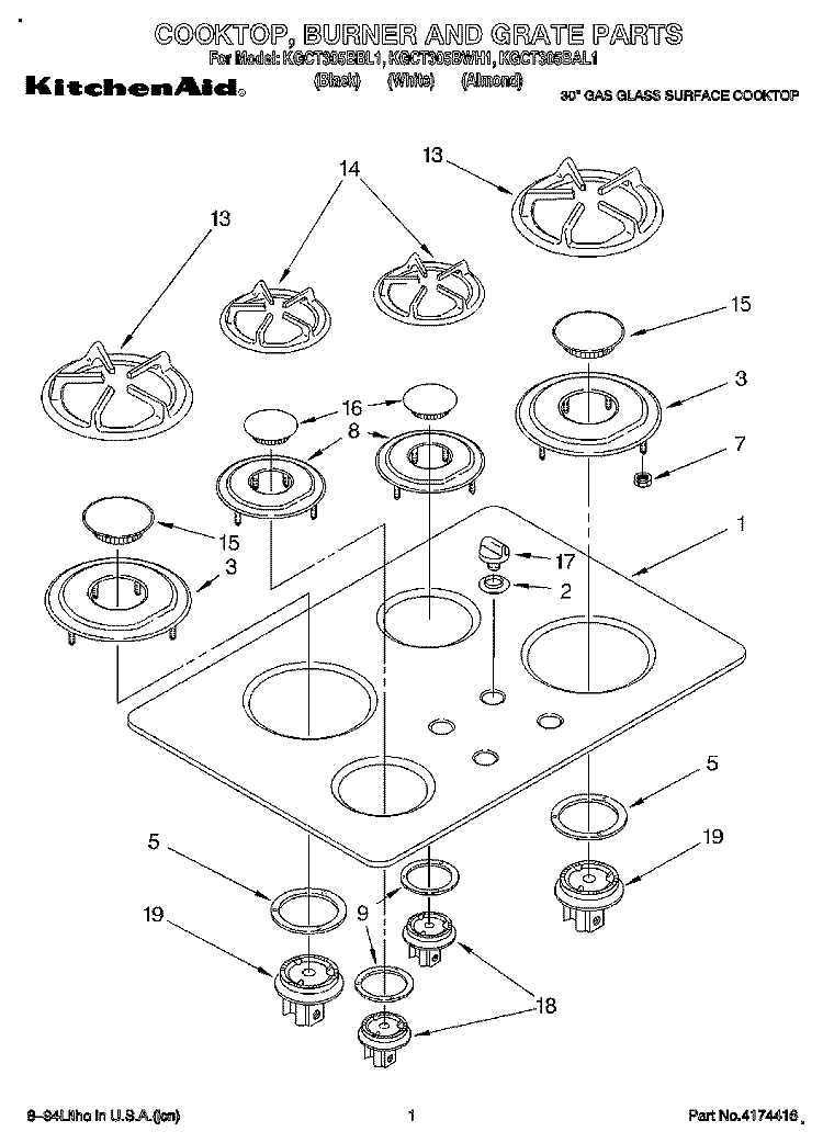 COOKTOP, BURNER AND GRATE Diagram and Parts List for KGCT305BBL1  KitchenAid Cooktop