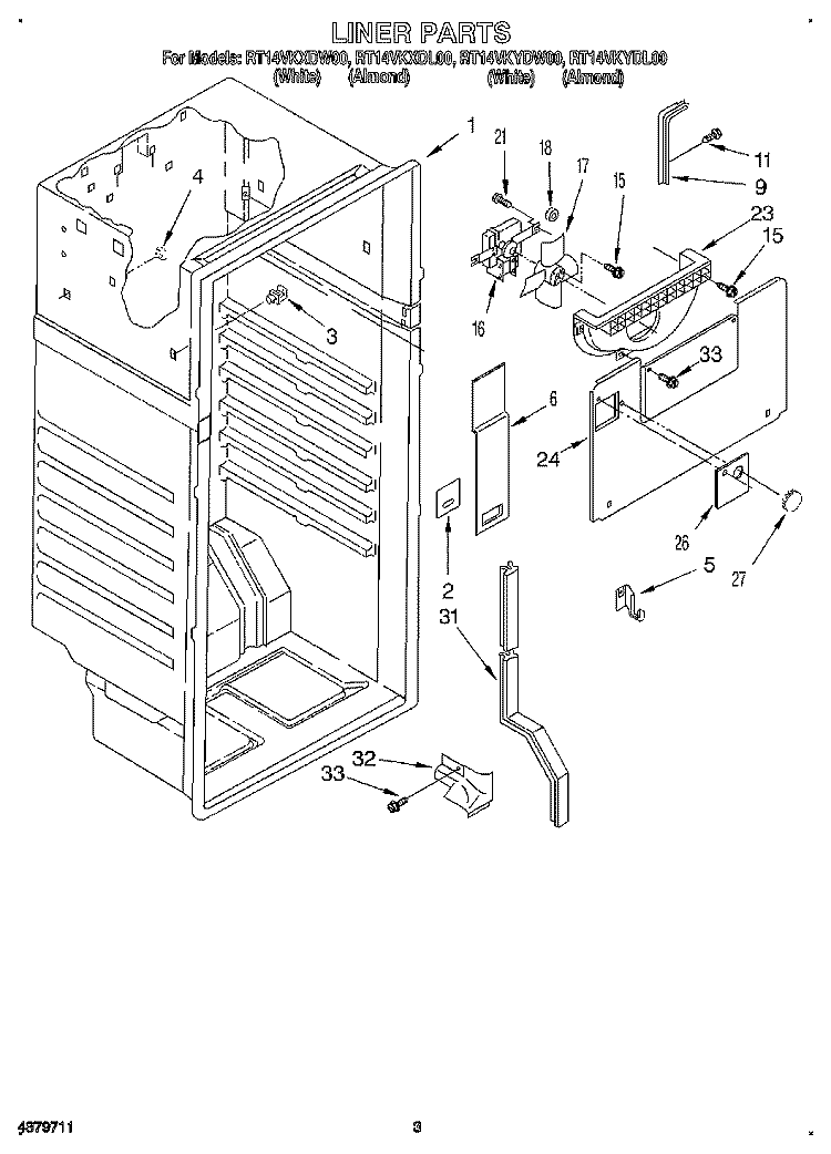 LINER Diagram and Parts List for RT14VKYDW00  Roper Refrigerator