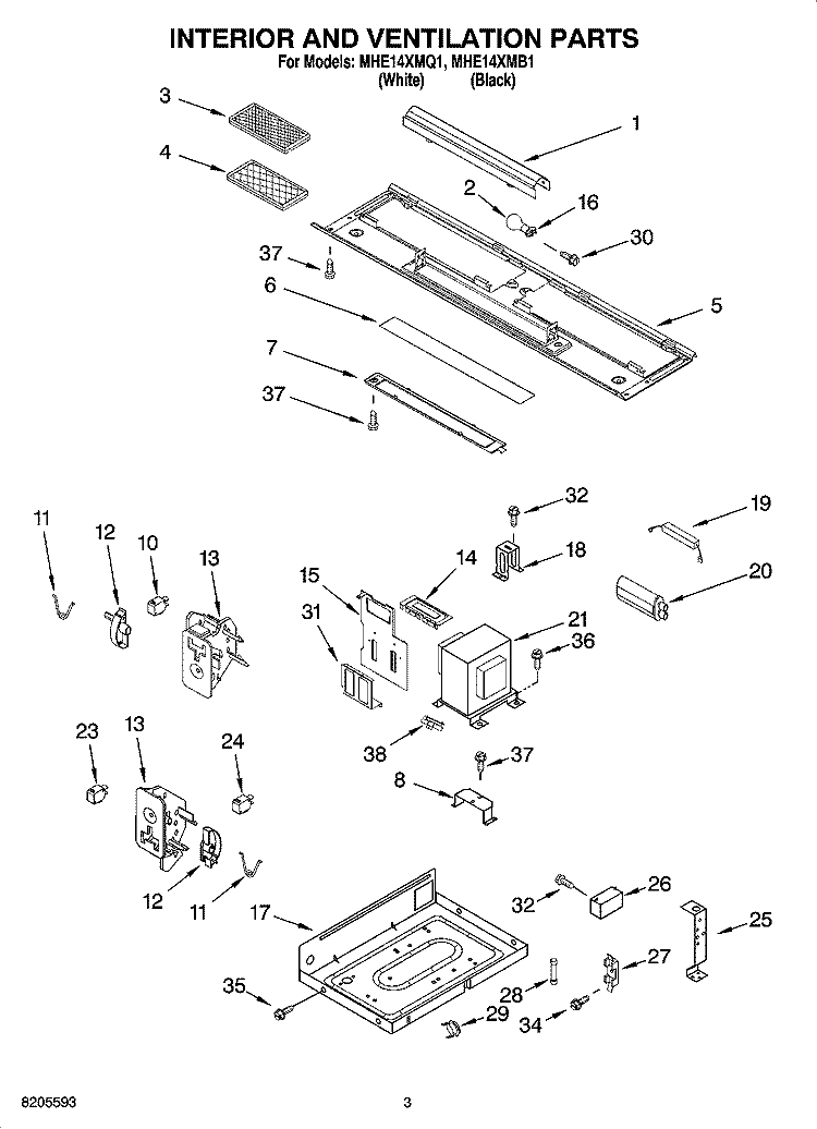 INTERIOR AND VENTILATION PARTS Diagram and Parts List for MHE14XMB1  Roper Microwave
