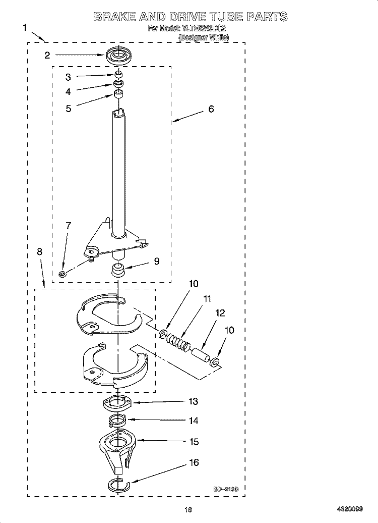 BRAKE AND DRIVE TUBE PARTS Diagram and Parts List for YLTE5243DQ2  Whirlpool Washer Dryer Combo
