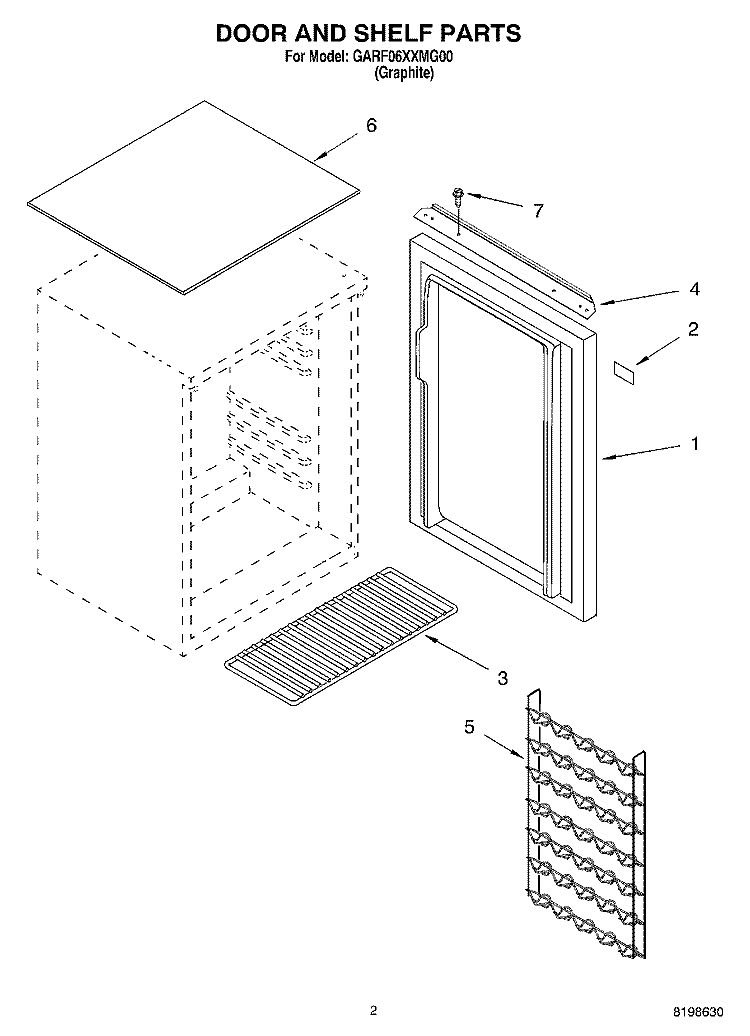 DOOR AND SHELF PARTS Diagram and Parts List for GARF06XXMG00  Whirlpool Refrigerator