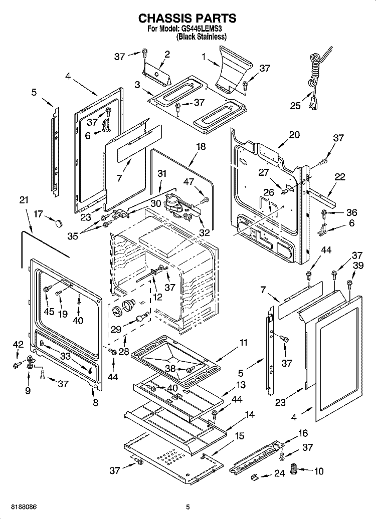 CHASSIS PARTS Diagram and Parts List for GS445LEMS3  Whirlpool Range