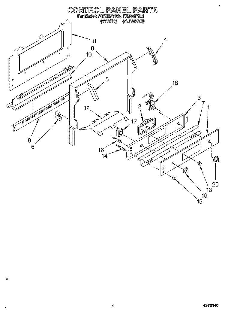 CONTROL PANEL Diagram and Parts List for FGS387YW3  Roper Range