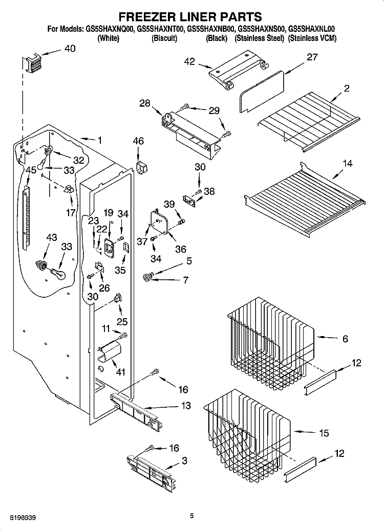 FREEZER LINER PARTS Diagram and Parts List for GS5SHAXNQ00  Whirlpool Refrigerator