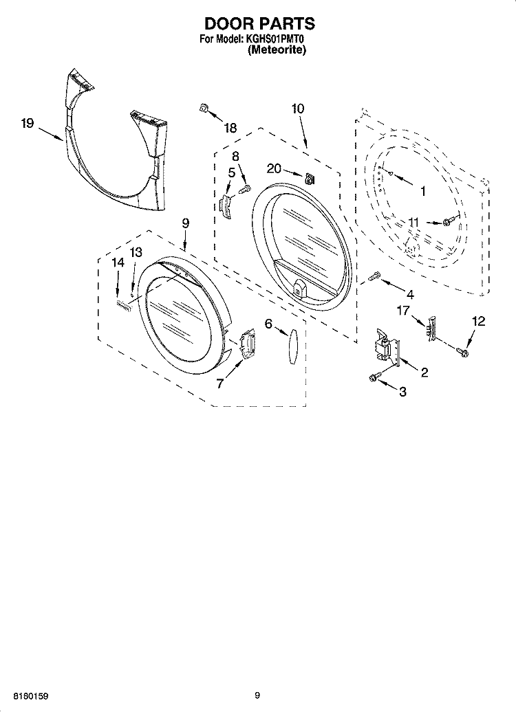 DOOR PARTS Diagram and Parts List for KGHS01PMT0  KitchenAid Dryer
