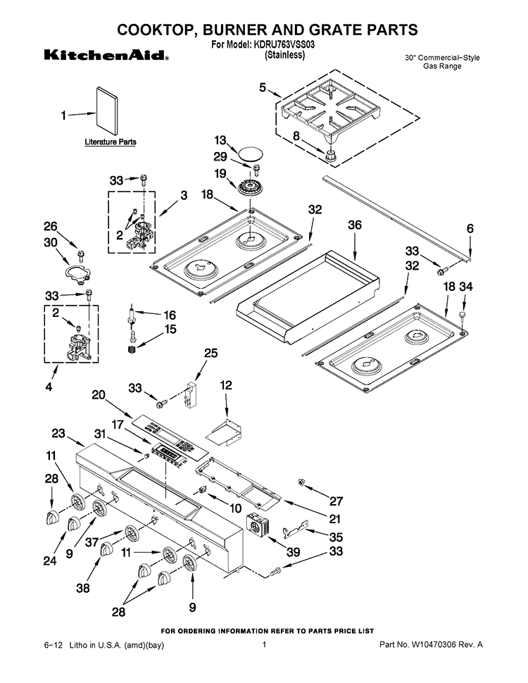 COOKTOP, BURNER AND GRATE PARTS Diagram and Parts List for KDRU763VSS03  KitchenAid Range