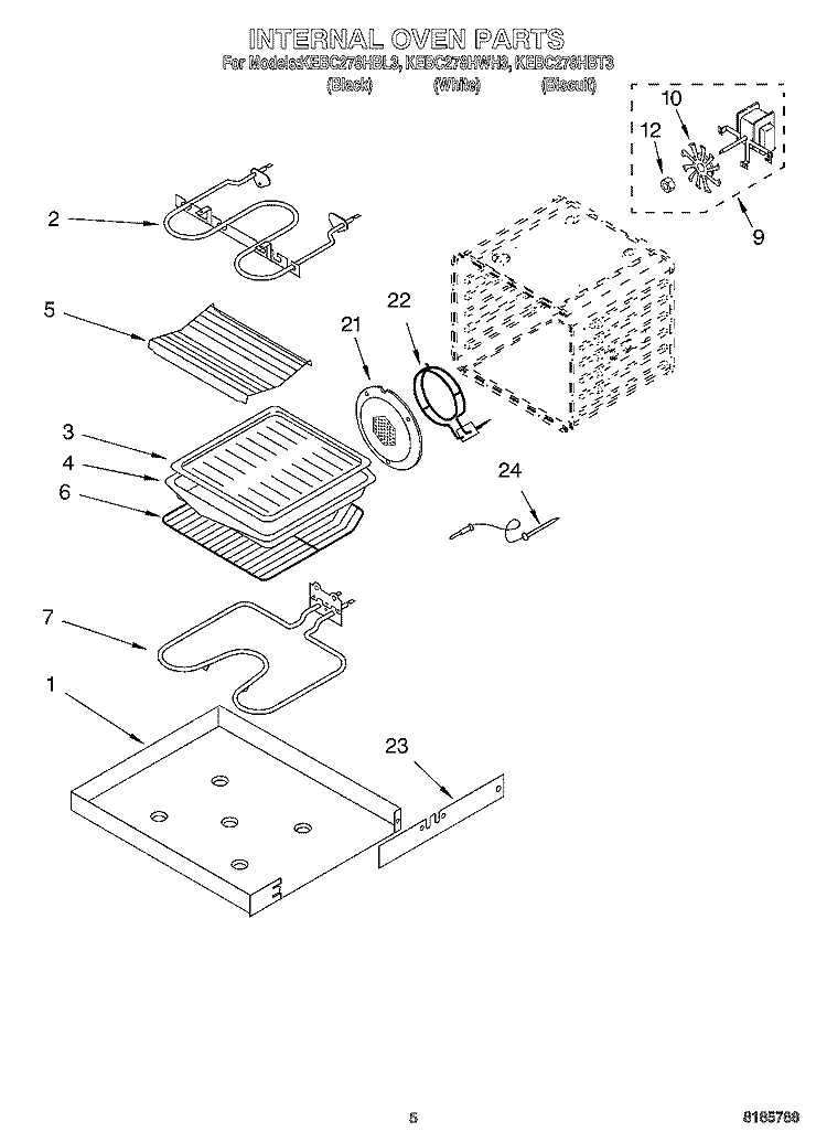 INTERNAL OVEN Diagram and Parts List for KEBC278HWH3  KitchenAid Wall Oven