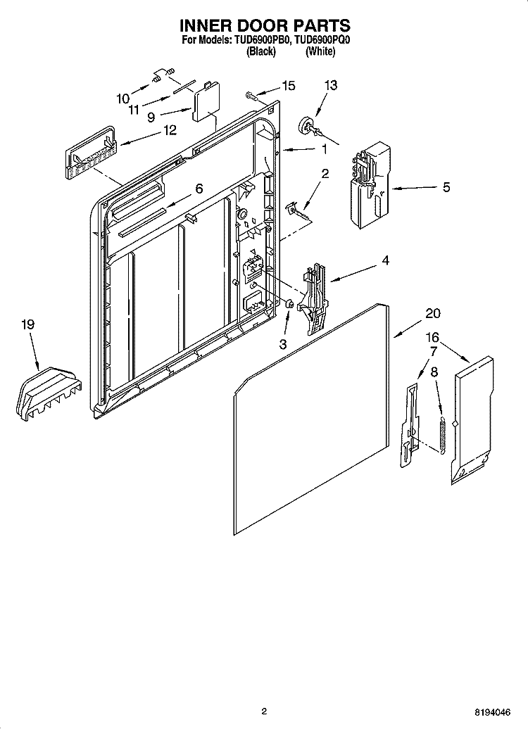 INNER DOOR PARTS Diagram and Parts List for TUD6900PQ0  Estate Dishwasher