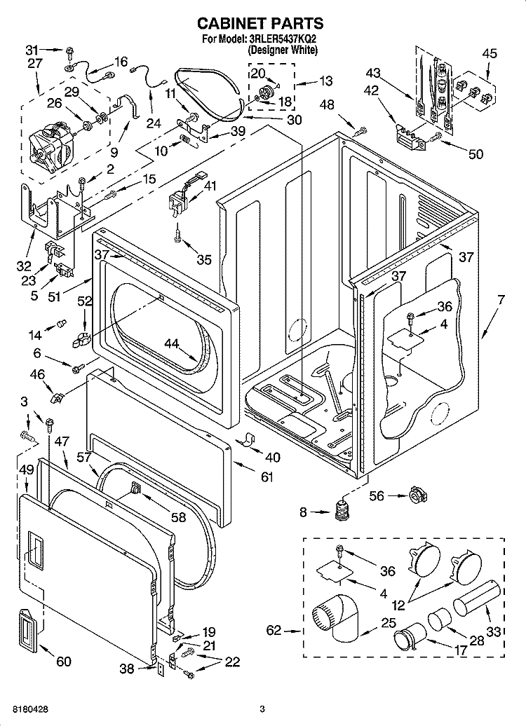 CABINET PARTS Diagram and Parts List for 3RLER5437KQ2  Whirlpool Dryer