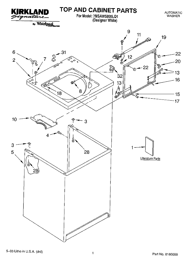 TOP AND CABINET PARTS Diagram and Parts List for 7MSAWS800LQ1  Whirlpool Washer