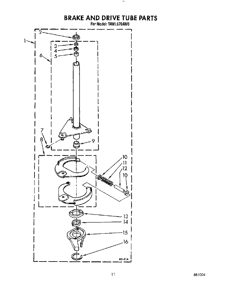 BRAKE AND DRIVE TUBE Diagram and Parts List for TAWL670AN0  Whirlpool Washer