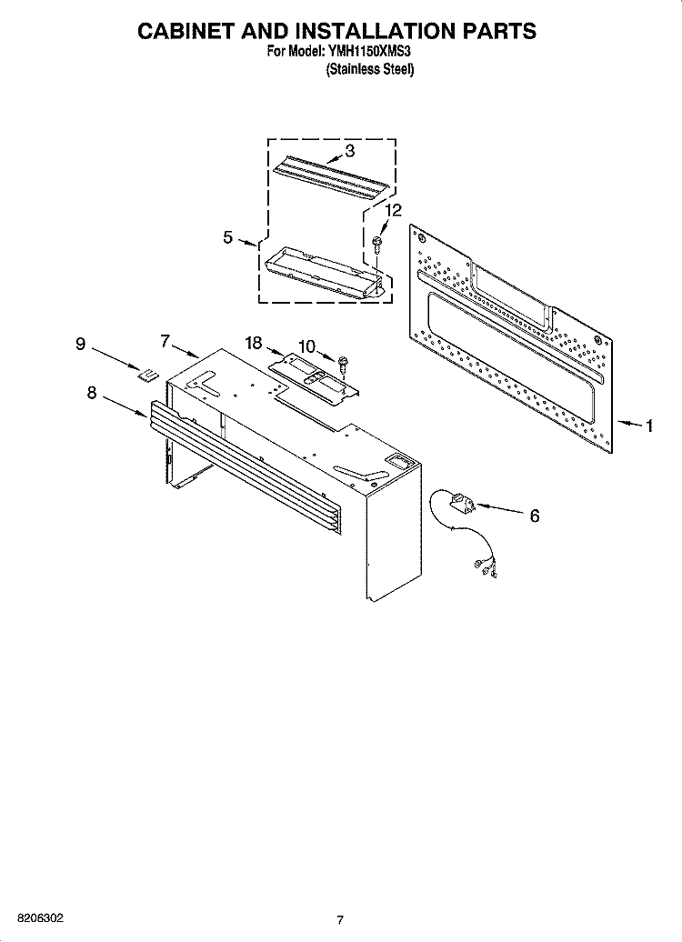 CABINET AND INSTALLATION PARTS Diagram and Parts List for YMH1150XMS3  Whirlpool Microwave
