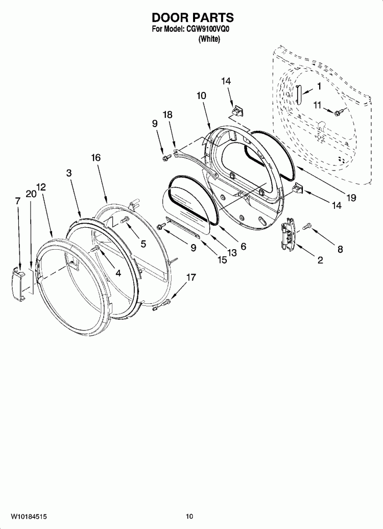 DOOR PARTS Diagram and Parts List for CGW9100VQ0  Whirlpool Dryer