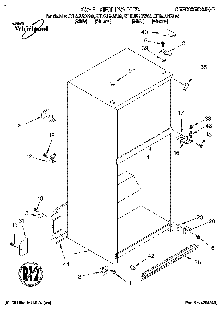 CABINET Diagram and Parts List for ET16JKXDN02  Whirlpool Refrigerator