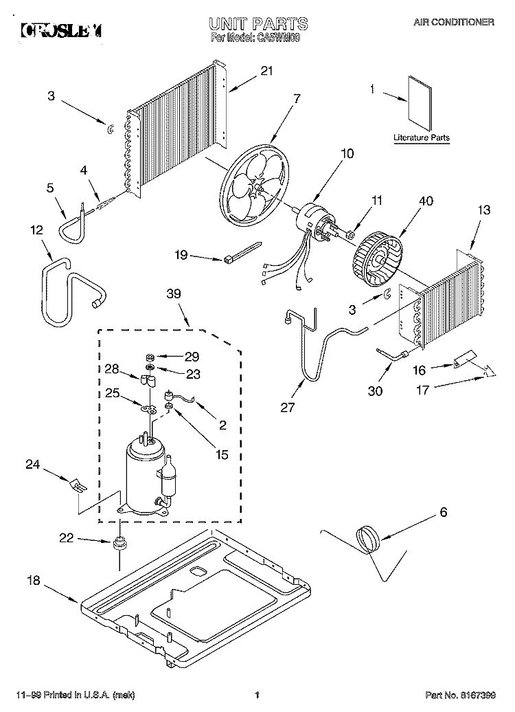 UNIT, LITERATURE Diagram and Parts List for CA5WM00  Crosley Air Conditioner