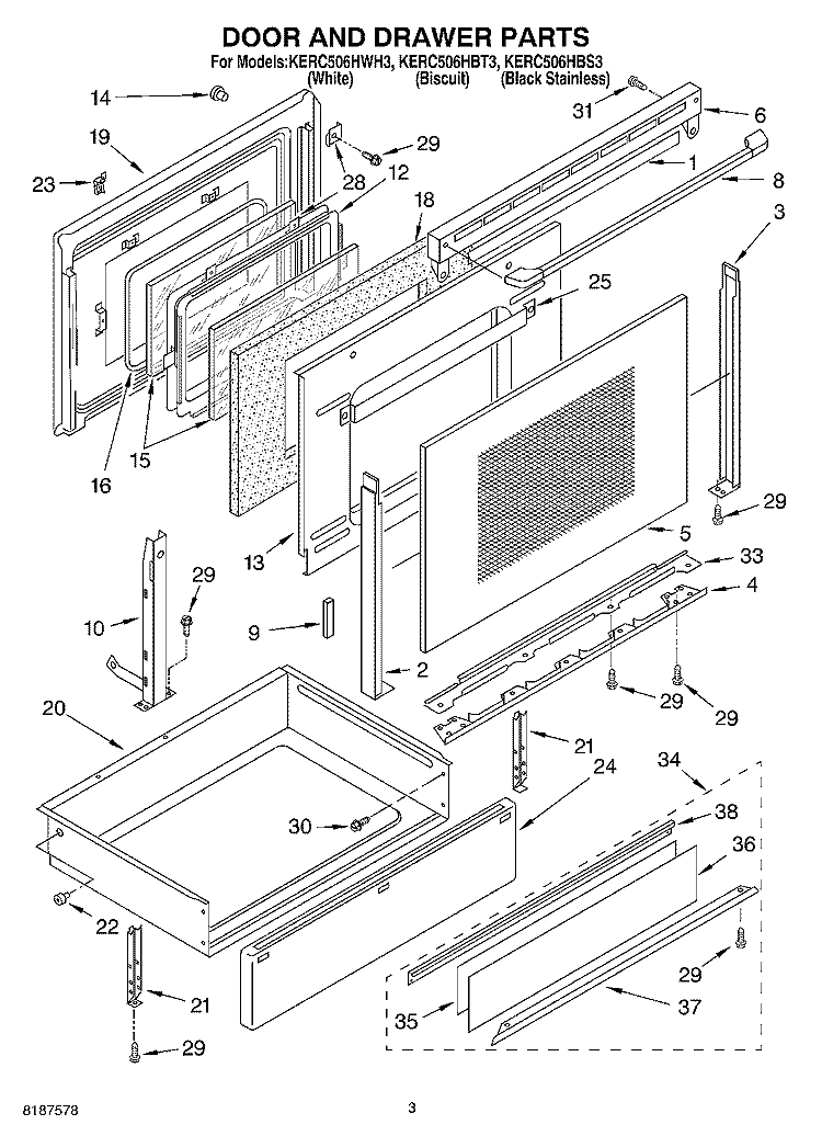 DOOR AND DRAWER PARTS Diagram and Parts List for KERC506HBT3  KitchenAid Range