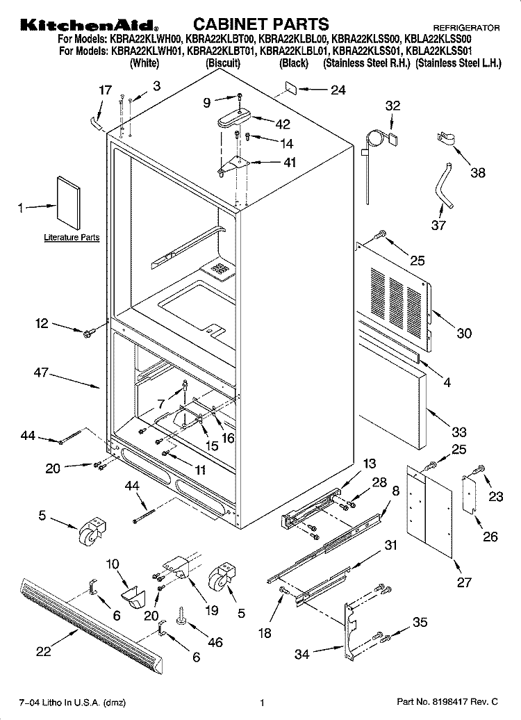 CABINET PARTS Diagram and Parts List for KBLA22KLSS01  KitchenAid Refrigerator
