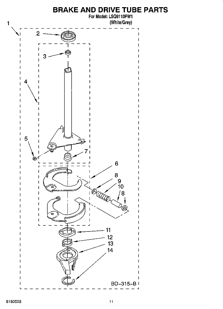 BRAKE AND DRIVE TUBE PARTS Diagram and Parts List for LSQ9110PW1  Whirlpool Washer