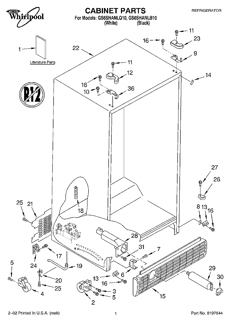 CABINET, LITERATURE Diagram and Parts List for GS6SHANLB10  Whirlpool Refrigerator
