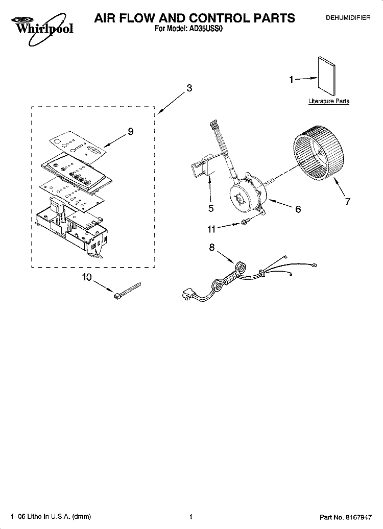 AIR FLOW AND CONTROL PARTS Diagram and Parts List for AD35USS0  Whirlpool Dehumidifier