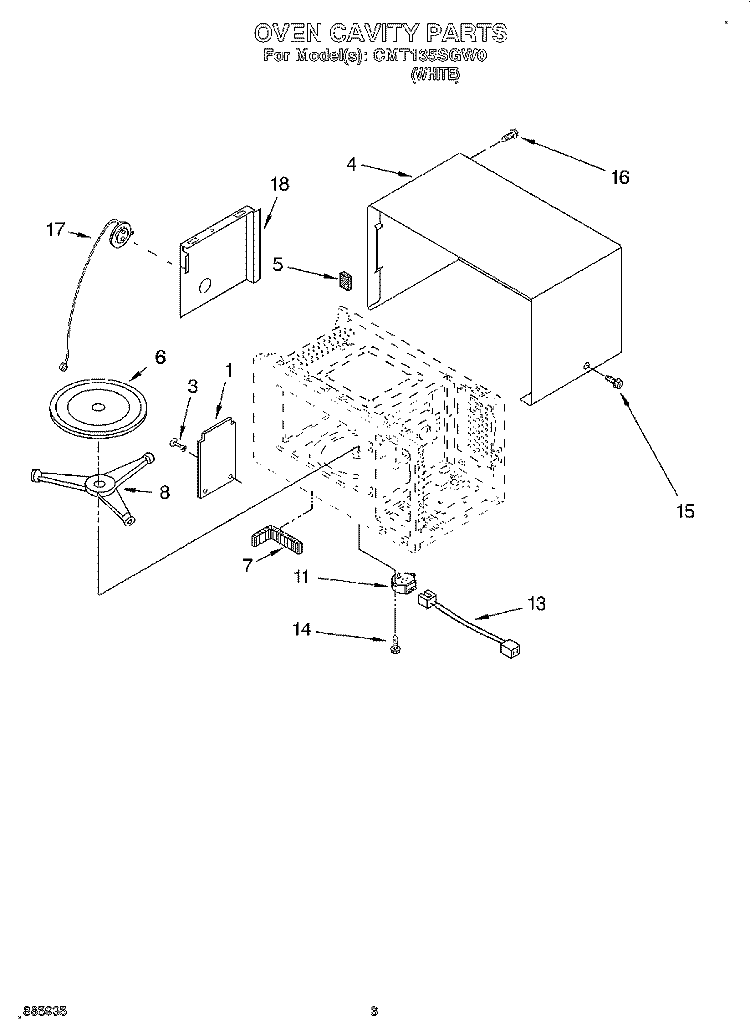 OVEN CAVITY Diagram and Parts List for CMT135SGW0  Whirlpool Microwave