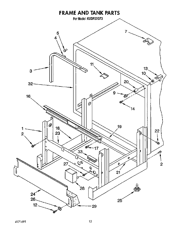 FRAME AND TANK Diagram and Parts List for KUDP22GT3  KitchenAid Dishwasher