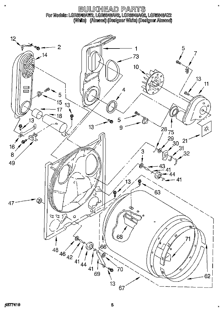 BULKHEAD Diagram and Parts List for LGR6848AZ2  Whirlpool Dryer