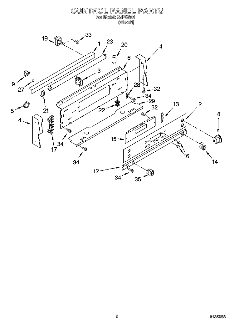 CONTROL PANEL PARTS Diagram and Parts List for GJP85201  Whirlpool Range
