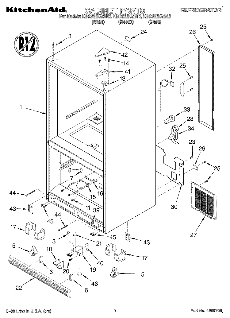 CABINET Diagram and Parts List for KBRS22KGBL3  KitchenAid Refrigerator