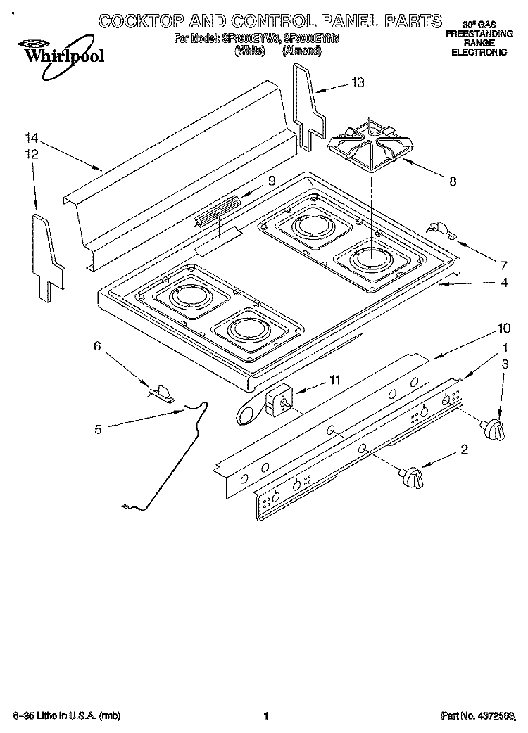 COOKTOP AND CONTROL PANEL, LITERATURE Diagram and Parts List for SF3000EYW3  Whirlpool Range