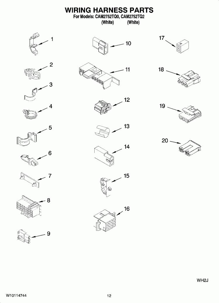 WIRING HARNESS PARTS Diagram and Parts List for CAM2752TQ2  Whirlpool Washer