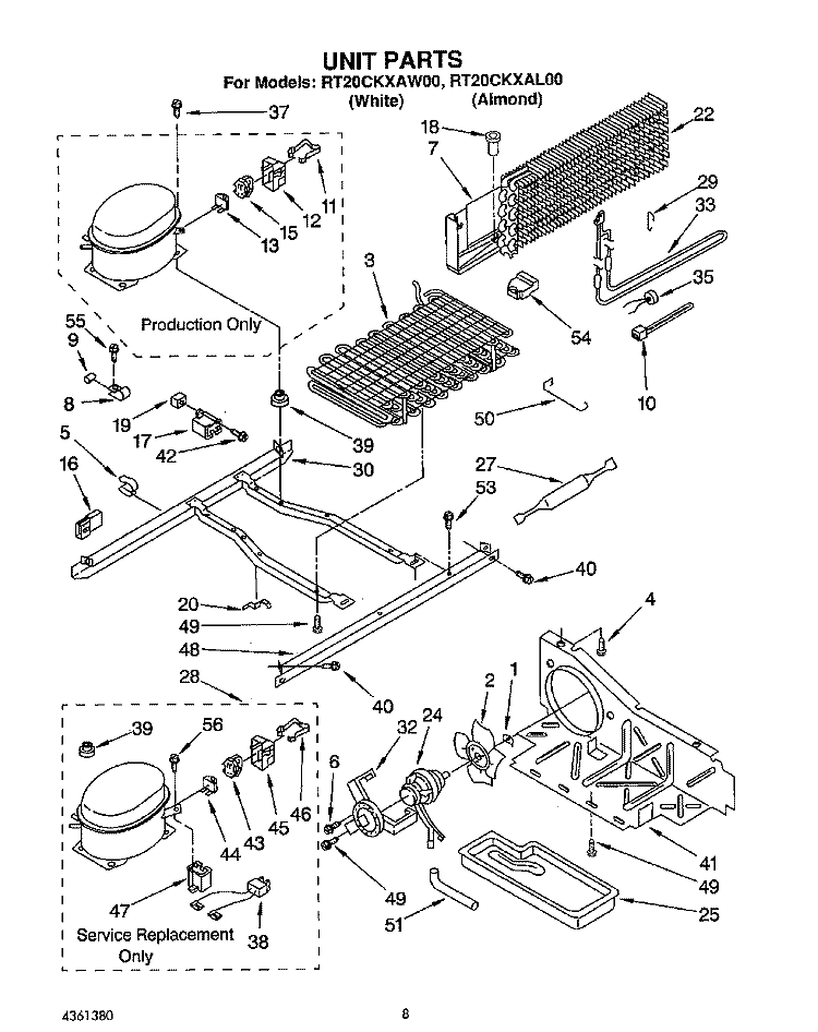UNIT Diagram and Parts List for RT20CKXAW00  Roper Refrigerator