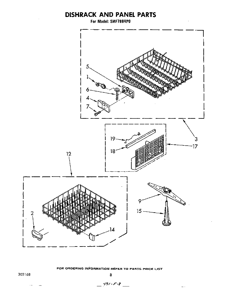 DISHRACK AND PANEL Diagram and Parts List for SHF7884P0  Whirlpool Dishwasher