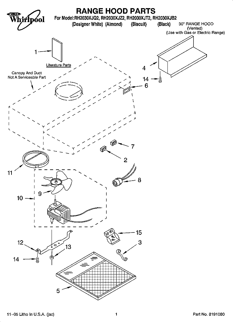 RANGE HOOD PARTS Diagram and Parts List for RH2030XJB2  Whirlpool Range Hood