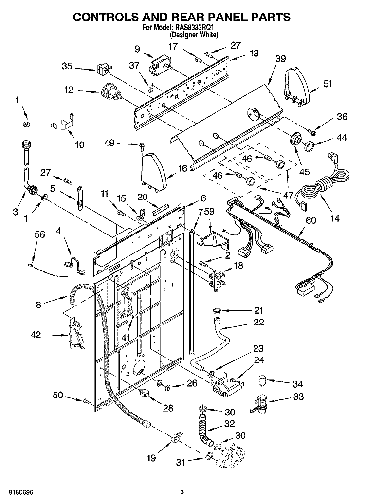 CONTROLS AND REAR PANEL PARTS Diagram and Parts List for RAS8333RQ1  Roper Washer
