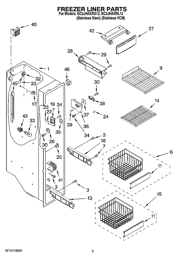 FREEZER LINER PARTS Diagram and Parts List for EC3JHAXRL12  Whirlpool Refrigerator