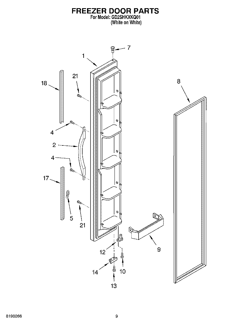 FREEZER DOOR Diagram and Parts List for GD2SHKXKQ01  Whirlpool Refrigerator