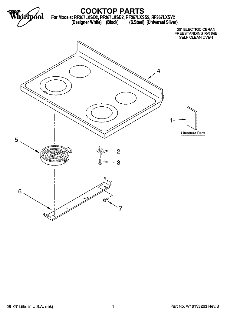 COOKTOP PARTS Diagram and Parts List for RF367LXSB2  Whirlpool Range