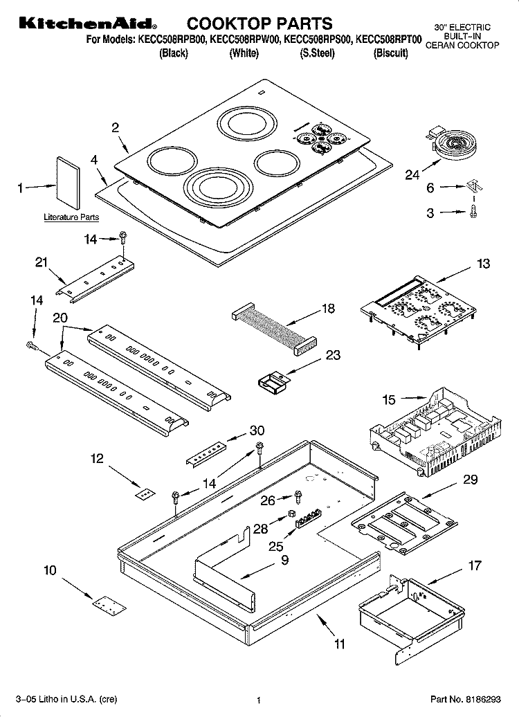 COOKTOP PARTS, OPTIONAL PARTS (NOT INCLUDED) Diagram and Parts List for KECC508RPW00  KitchenAid Cooktop