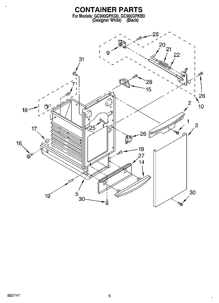 CONTAINER Diagram and Parts List for GC900QPKB0  Whirlpool Trash Compactor