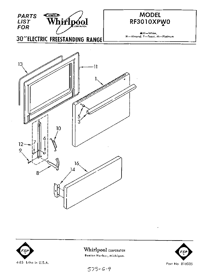 SECTION Diagram and Parts List for RF3010XPW0  Whirlpool Range