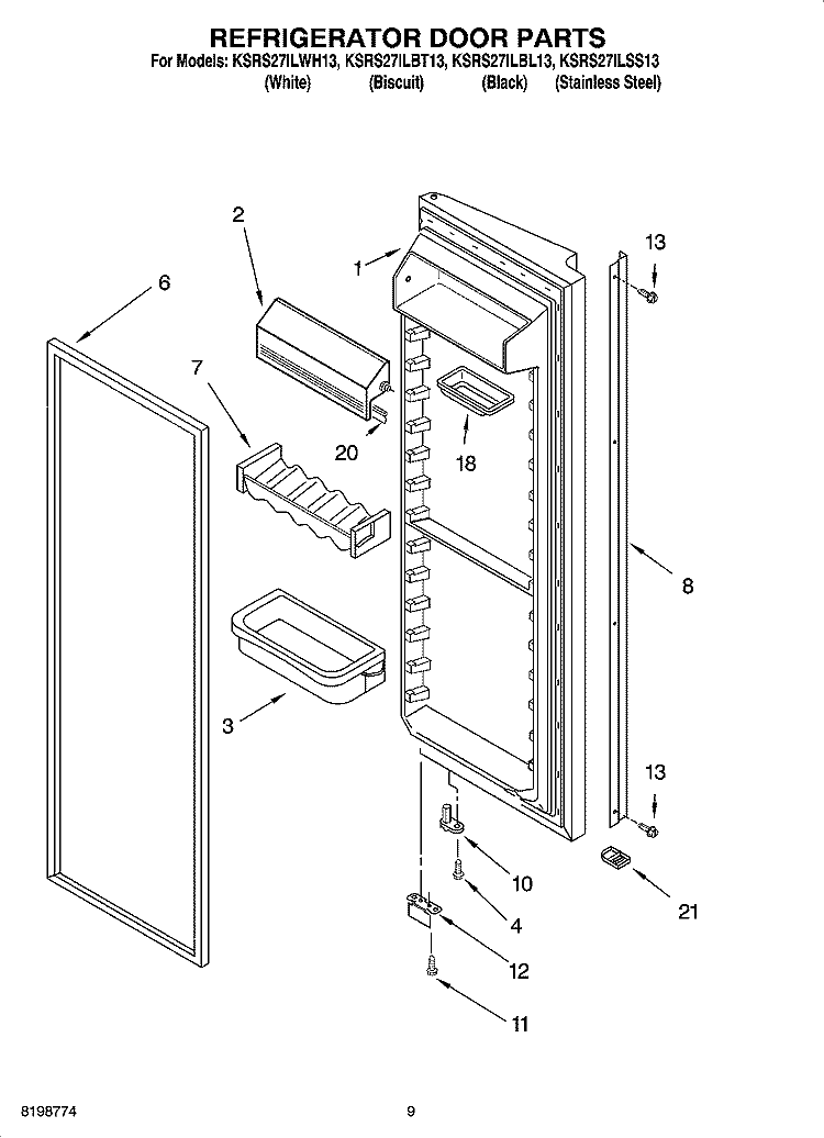 REFRIGERATOR DOOR PARTS Diagram and Parts List for KSRS27ILSS13  KitchenAid Refrigerator