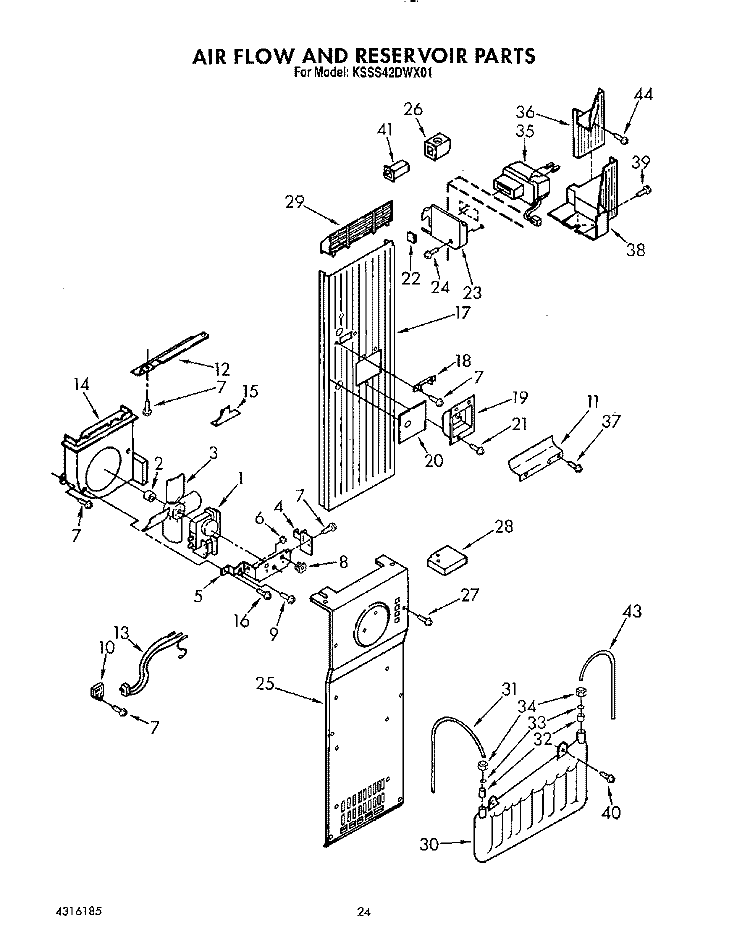 AIR FLOW AND RESERVOIR Diagram and Parts List for KSSS42DWX01  KitchenAid Refrigerator