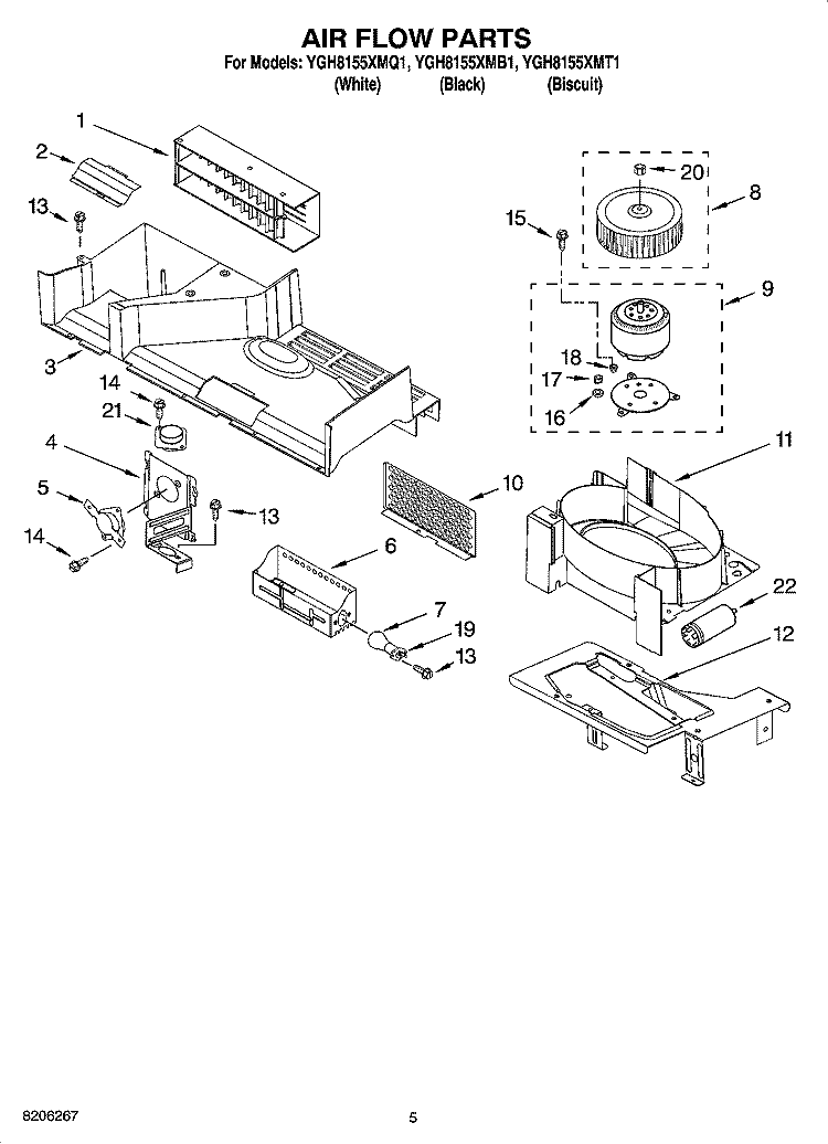 AIR FLOW PARTS Diagram and Parts List for YGH8155XMT1  Whirlpool Microwave