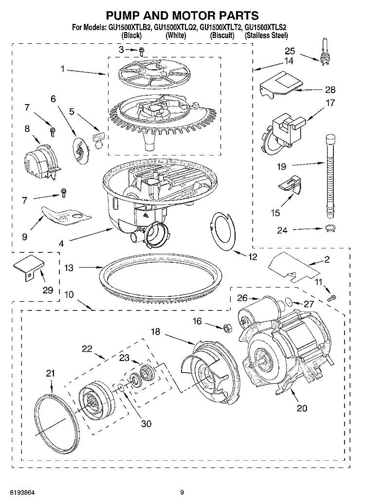 PUMP AND MOTOR PARTS Diagram and Parts List for GU1500XTLQ2  Whirlpool Dishwasher