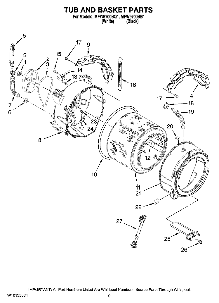 TUB AND BASKET PARTS Diagram and Parts List for MFW9700SB1  Whirlpool Washer