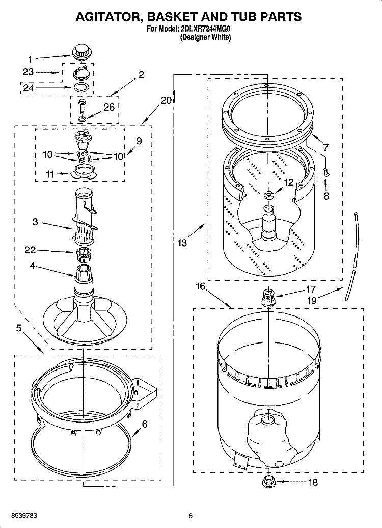 AGITATOR, BASKET AND TUB PARTS Diagram and Parts List for 2DLXR7244MQ0  Whirlpool Washer