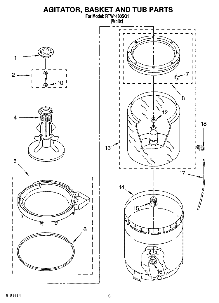 AGITATOR, BASKET AND TUB PARTS Diagram and Parts List for RTW4100SQ1  Roper Washer