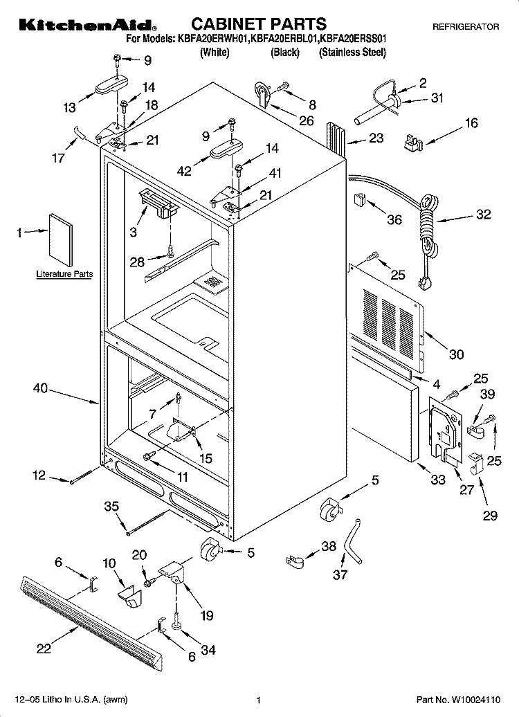 CABINET PARTS Diagram and Parts List for KBFA20ERBL01  KitchenAid Refrigerator